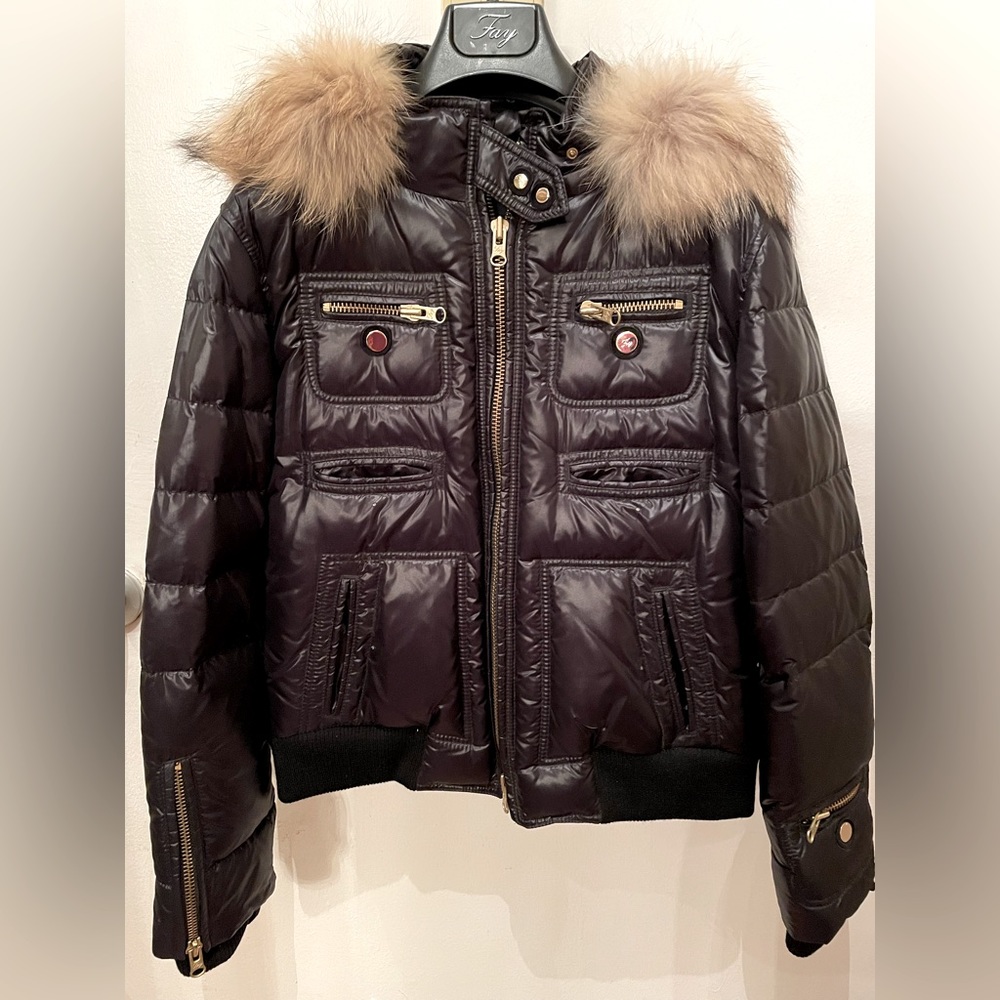 FAY Short Down Bomber Jacket Fur Trimmed Hood Black - Size Large - NWOT